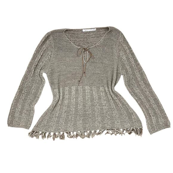 Vintage 90’s Max Studio Boho Tan Knit Long Sleeve Fringe Hem Long Sleeve Top M/L - Picture 2 of 16